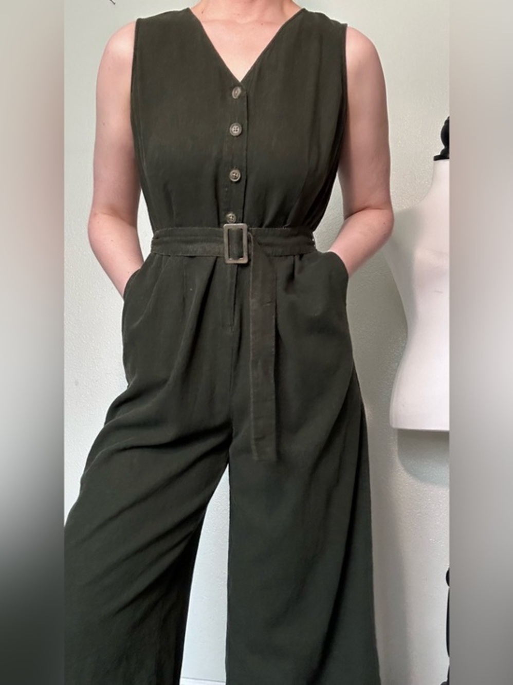Who What Wear Green Sleeveless Button-Front Jumpsuit Linen Blend GUC XL